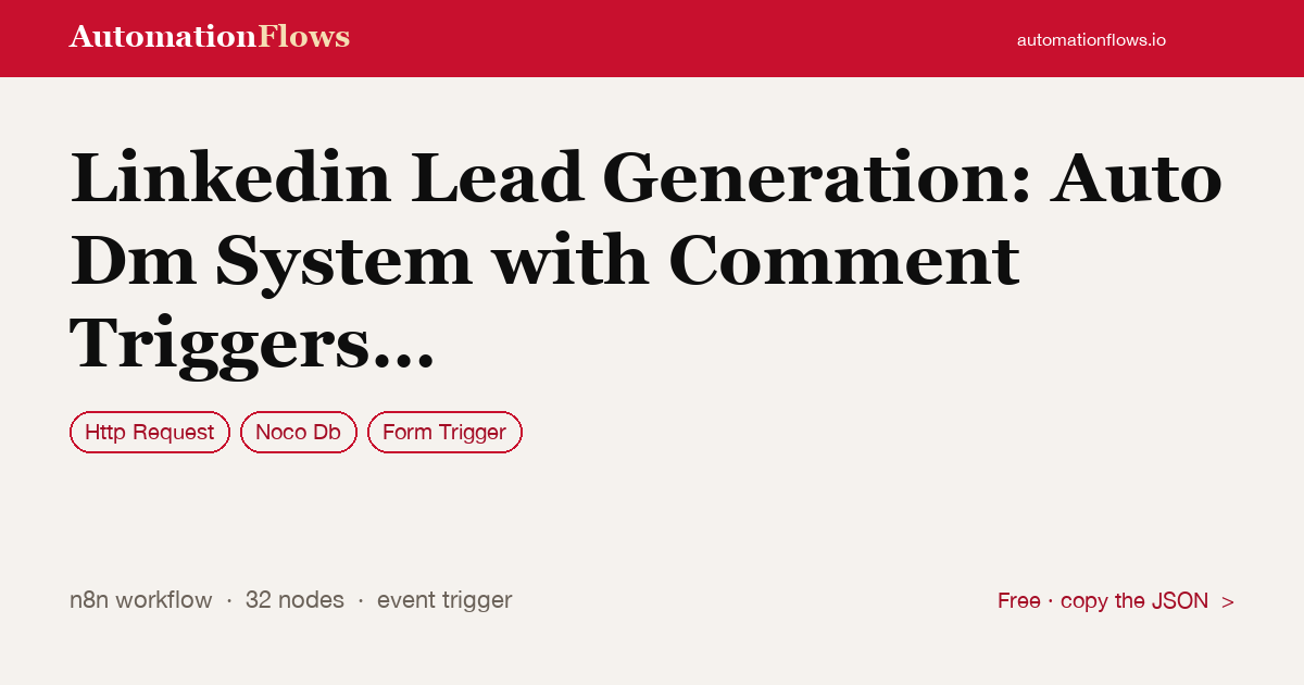 Linkedin Lead Generation: Auto Dm System with Comment Triggers Using Unipile… — n8n workflow card showing HTTP Request, Noco Db, Form Trigger integration