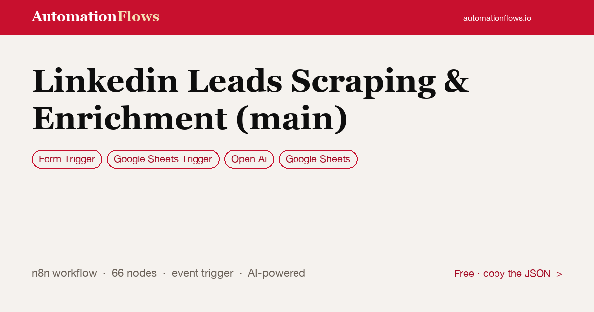 Scrape & Enrich LinkedIn Leads with AI — n8n workflow card showing Form Trigger, Google Sheets Trigger, OpenAI integration