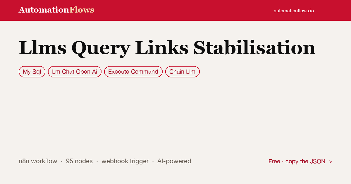 Llms Query Links Stabilisation — n8n workflow card showing MySQL, OpenAI Chat, Execute Command integration
