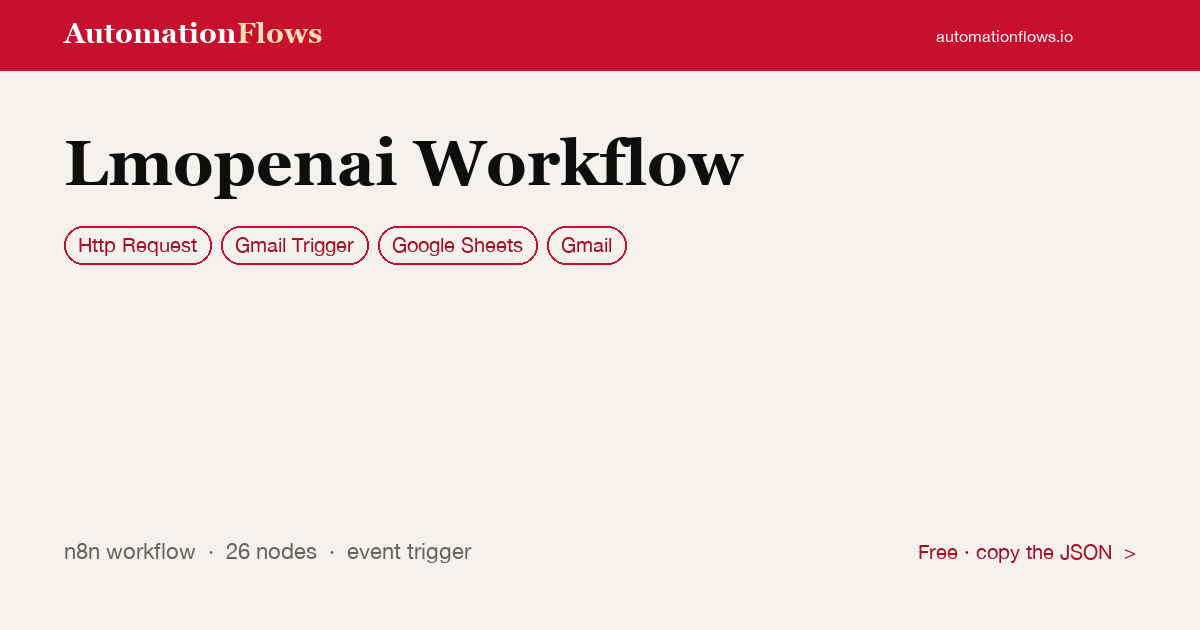 Lmopenai Workflow — n8n workflow card showing HTTP Request, Gmail Trigger, Google Sheets integration