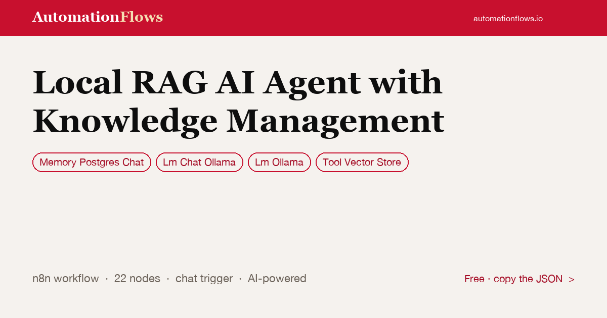 Local RAG AI Agent with Ollama Chat — n8n workflow card showing Memory Postgres Chat, Ollama Chat, Lm Ollama integration