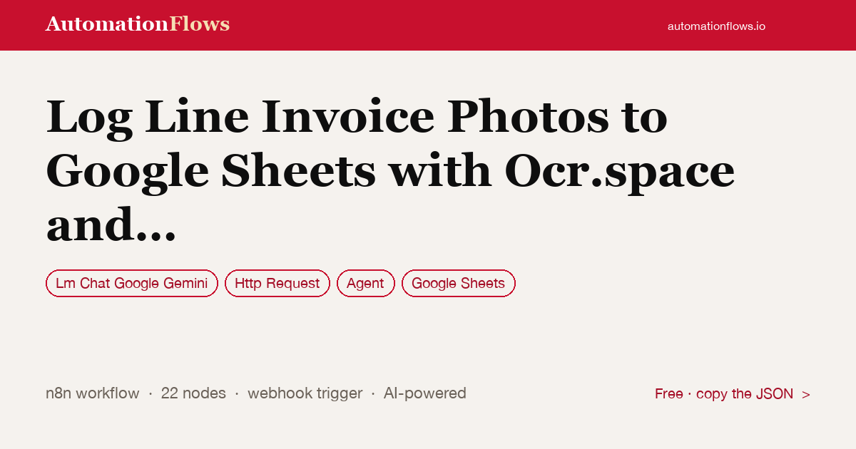 LINE Invoice Photos to Google Sheets with Gemini AI — n8n workflow card showing Google Gemini Chat, HTTP Request, Agent integration
