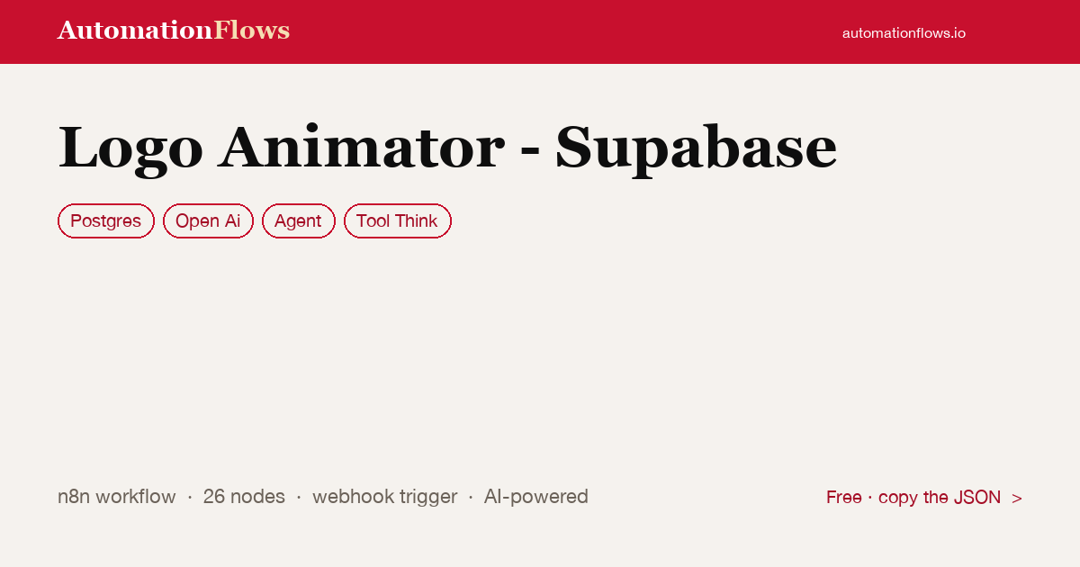 Logo Animator - Supabase — n8n workflow card showing Postgres, OpenAI, Agent integration
