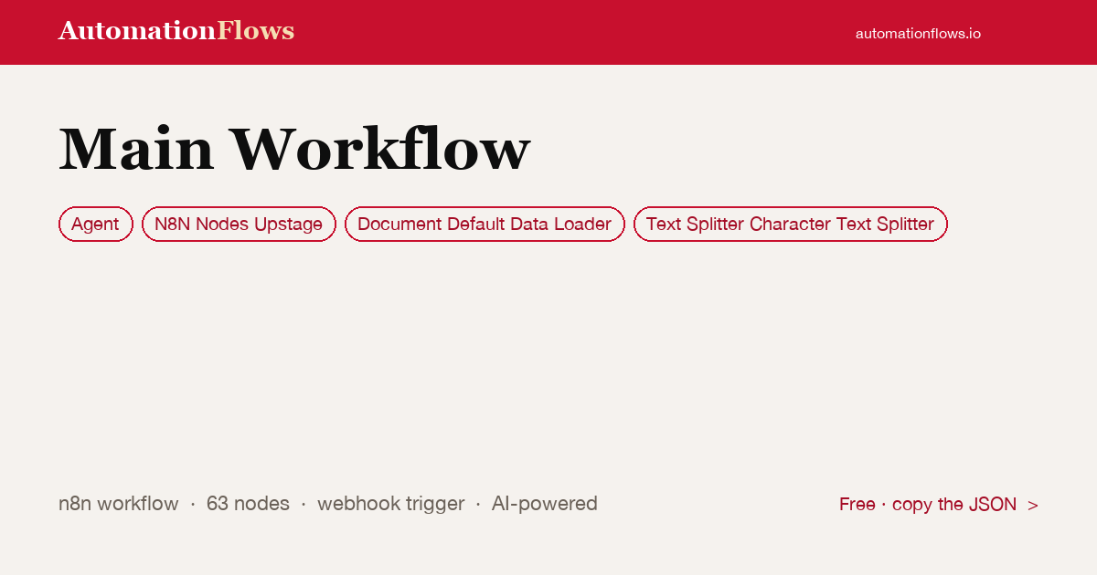 AI Agent Webhook for Document Q&A — n8n workflow card showing Agent, N8N Nodes Upstage, Document Default Data Loader integration