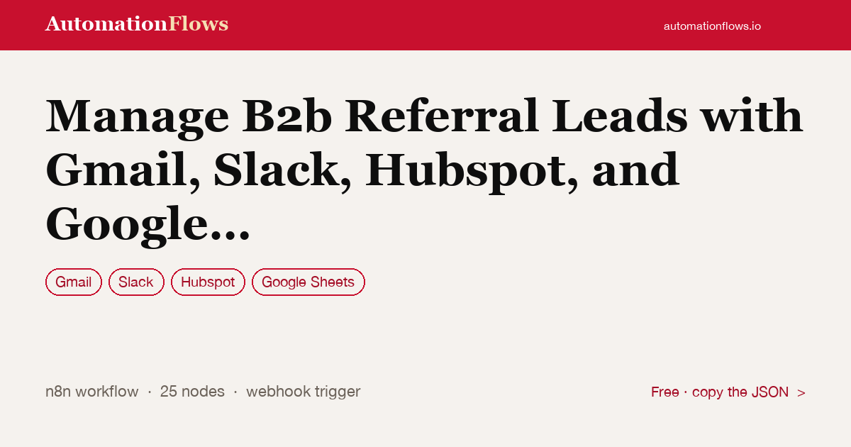 Manage B2b Referral Leads with Gmail, Slack, Hubspot, and Google Sheets — n8n workflow card showing Gmail, Slack, HubSpot integration