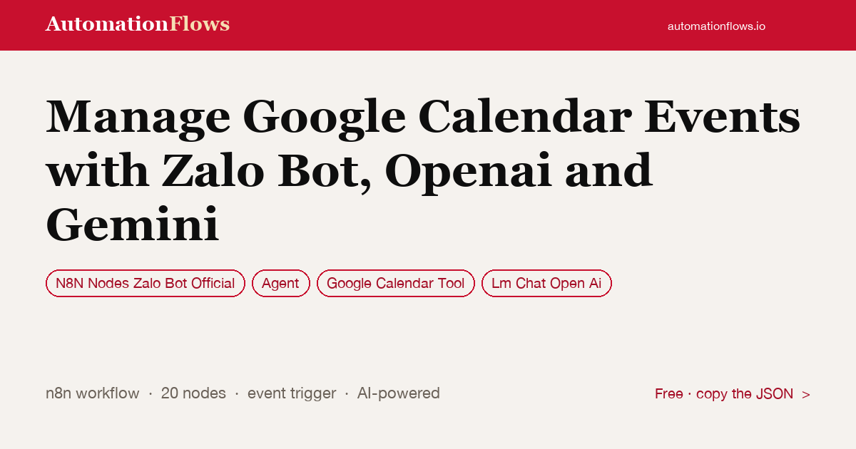 Manage Google Calendar Events with Zalo Bot, Openai and Gemini — n8n workflow card showing N8N Nodes Zalo Bot Official, Agent, Google Calendar Tool integration