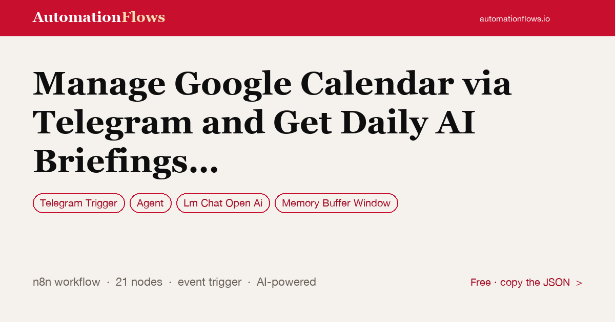 Manage Google Calendar via Telegram and Get Daily AI Briefings (openai + Gemini) — n8n workflow card showing Telegram Trigger, Agent, OpenAI Chat integration