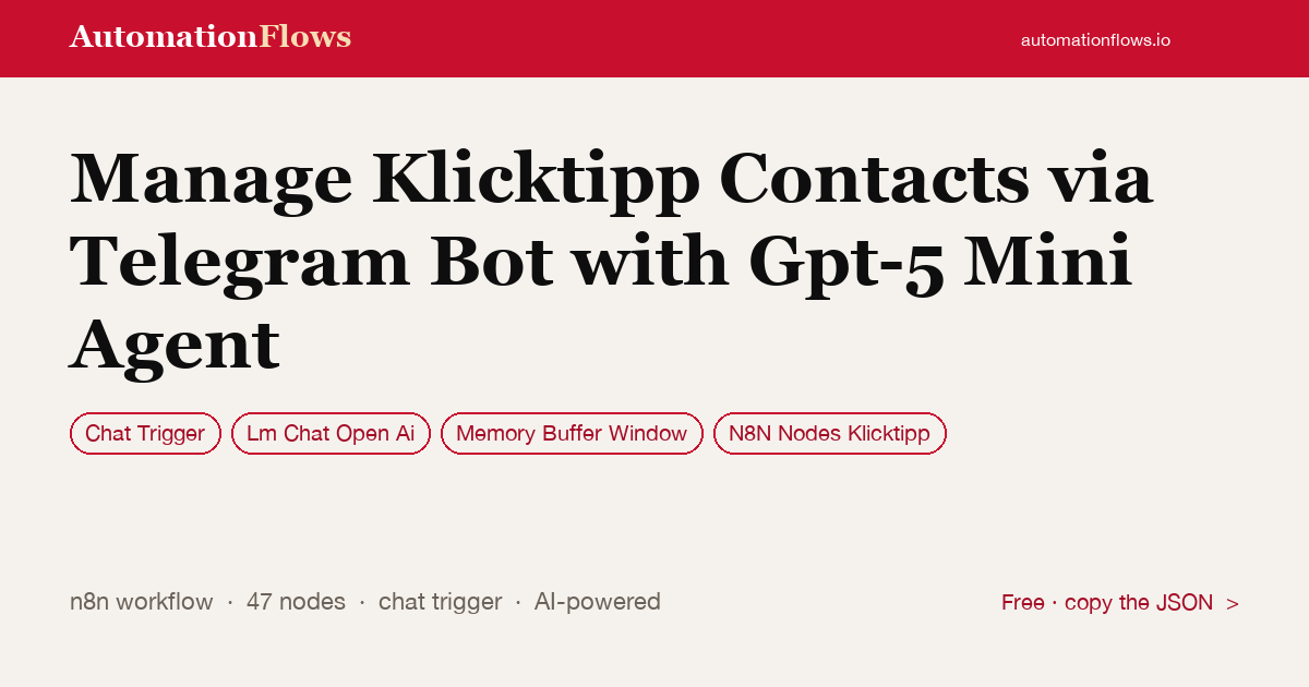 Manage Klicktipp Contacts via Telegram Bot with Gpt-5 Mini Agent — n8n workflow card showing Chat Trigger, OpenAI Chat, Memory Buffer Window integration