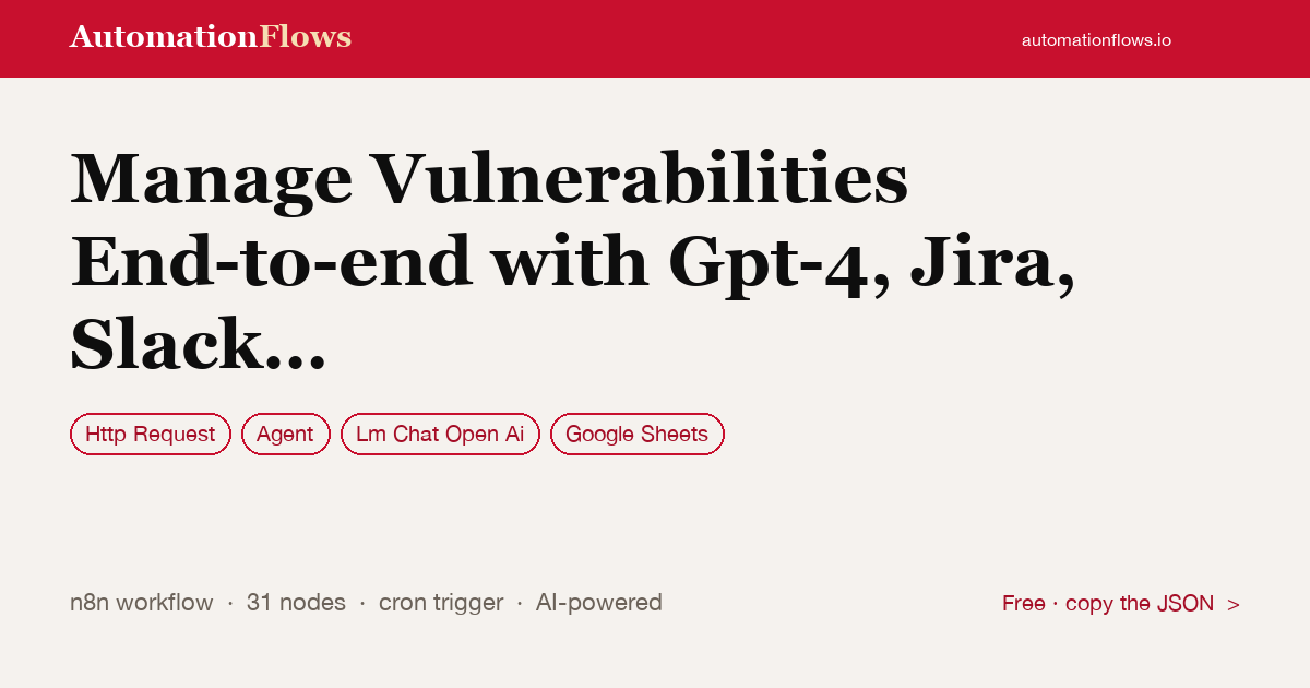 Manage Vulnerabilities End-to-end with Gpt-4, Jira, Slack and Google Sheets — n8n workflow card showing HTTP Request, Agent, OpenAI Chat integration