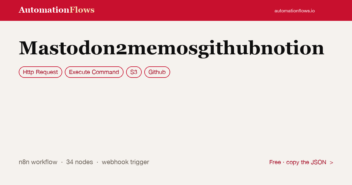 Mastodon2memosgithubnotion — n8n workflow card showing HTTP Request, Execute Command, S3 integration
