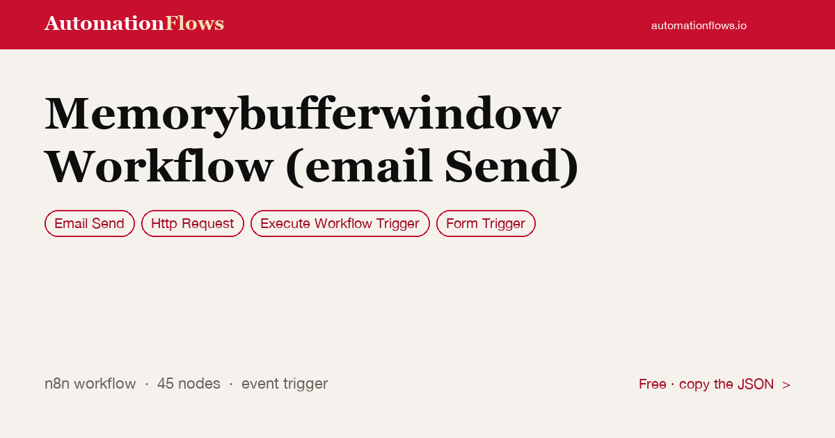 Memorybufferwindow Workflow (email Send) — n8n workflow card showing Email Send, HTTP Request, Execute Workflow Trigger integration
