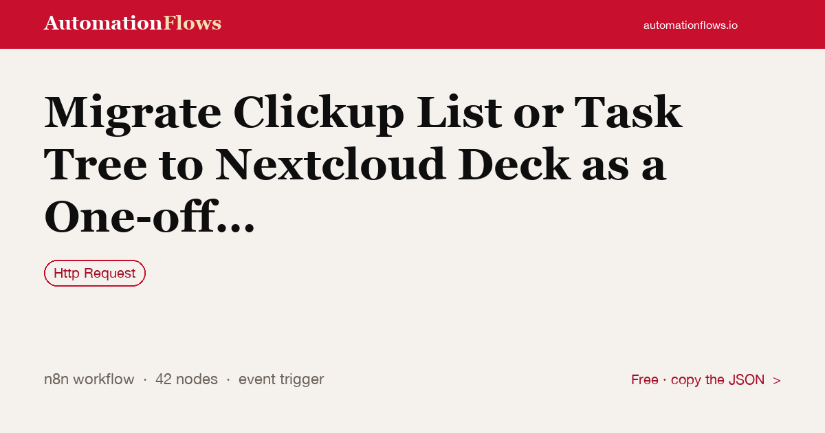 Migrate Clickup List or Task Tree to Nextcloud Deck as a One-off Import — n8n workflow card showing HTTP Request integration