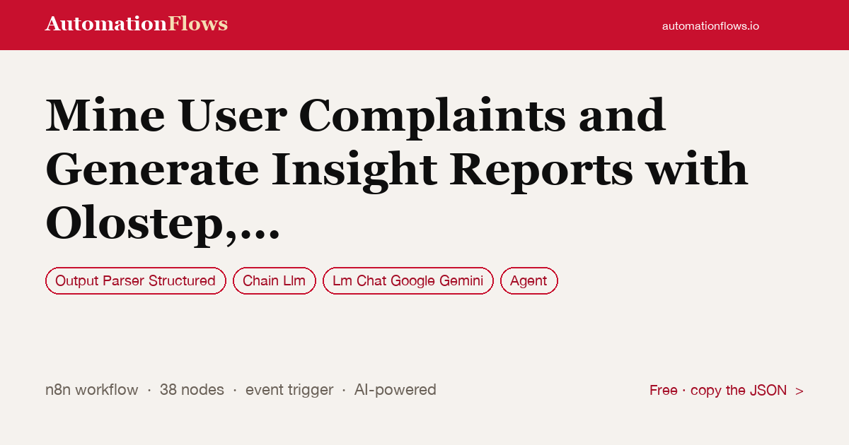 Mine User Complaints and Generate Insight Reports with Olostep, Gemini and… — n8n workflow card showing Output Parser Structured, Chain Llm, Google Gemini Chat integration