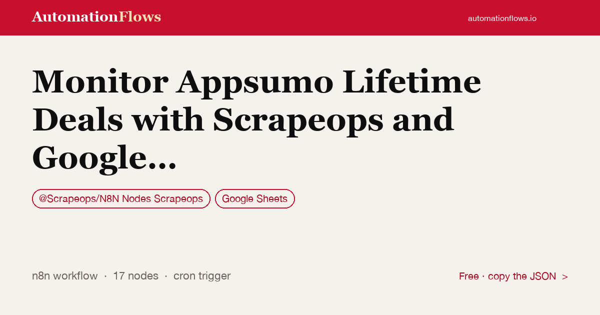 Monitor Appsumo Lifetime Deals with Scrapeops and Google Sheets — n8n workflow card showing @Scrapeops/N8N Nodes Scrapeops, Google Sheets integration