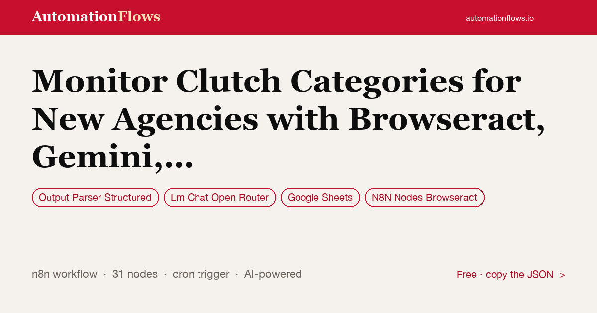 Monitor Clutch Categories for New Agencies with Browseract, Gemini, and Slack — n8n workflow card showing Output Parser Structured, OpenRouter Chat, Google Sheets integration