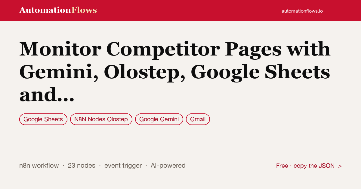 Monitor Competitor Pages with Gemini, Olostep, Google Sheets and Gmail — n8n workflow card showing Google Sheets, N8N Nodes Olostep, Google Gemini integration