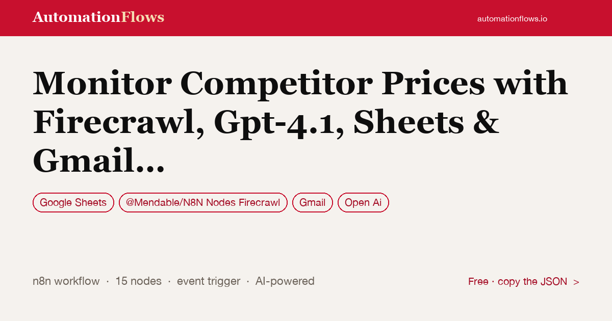Monitor Competitor Prices with Firecrawl, Gpt-4.1, Sheets & Gmail Alerts — n8n workflow card showing Google Sheets, @Mendable/N8N Nodes Firecrawl, Gmail integration