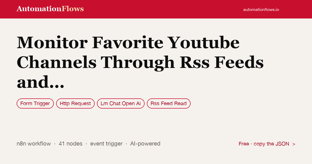 Monitor Favorite Youtube Channels Through RSS Feeds and Receive Notifications — n8n workflow card showing Form Trigger, HTTP Request, OpenAI Chat integration