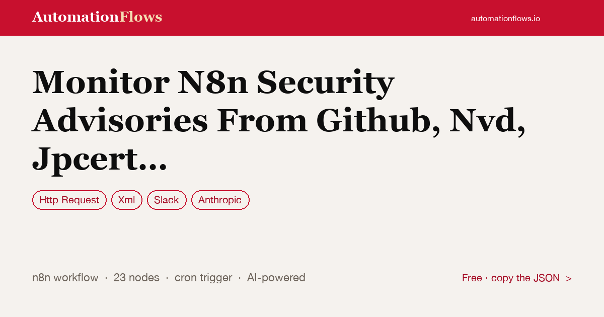 Monitor N8n Security Advisories From Github, Nvd, Jpcert and Jvn with Claude… — n8n workflow card showing HTTP Request, XML, Slack integration