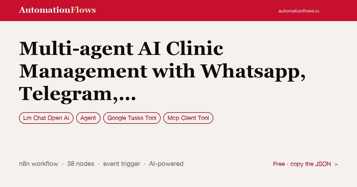 Multi-agent AI Clinic Management with WhatsApp, Telegram & Google Calendar — n8n workflow card showing OpenAI Chat, Agent, Google Tasks Tool integration