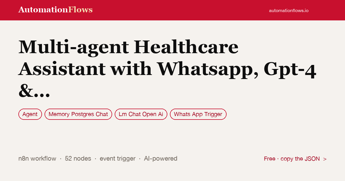 Multi-agent Healthcare Assistant with Whatsapp, Gpt-4 & Google Sheets — n8n workflow card showing Agent, Memory Postgres Chat, OpenAI Chat integration