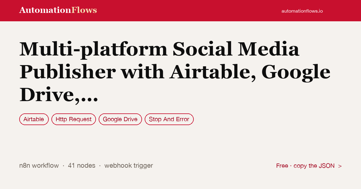 Multi-platform Social Media Publisher with Airtable, Google Drive, and Postiz — n8n workflow card showing Airtable, HTTP Request, Google Drive integration