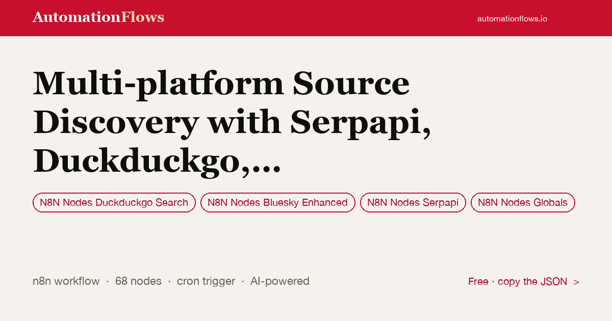 Multi-platform Source Discovery with Serpapi, Duckduckgo, Github, Reddit &… — n8n workflow card showing N8N Nodes Duckduckgo Search, N8N Nodes Bluesky Enhanced, N8N Nodes Serpapi integration