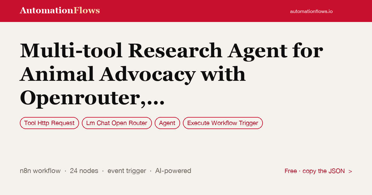 Multi-tool Research Agent for Animal Advocacy with Openrouter, Serper & Open… — n8n workflow card showing Tool Http Request, OpenRouter Chat, Agent integration