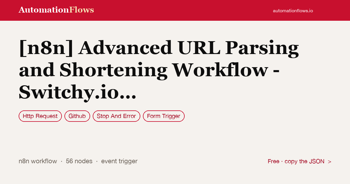 Advanced URL Parsing & Shortening with Switchy.io — n8n workflow card showing HTTP Request, GitHub, Stop And Error integration
