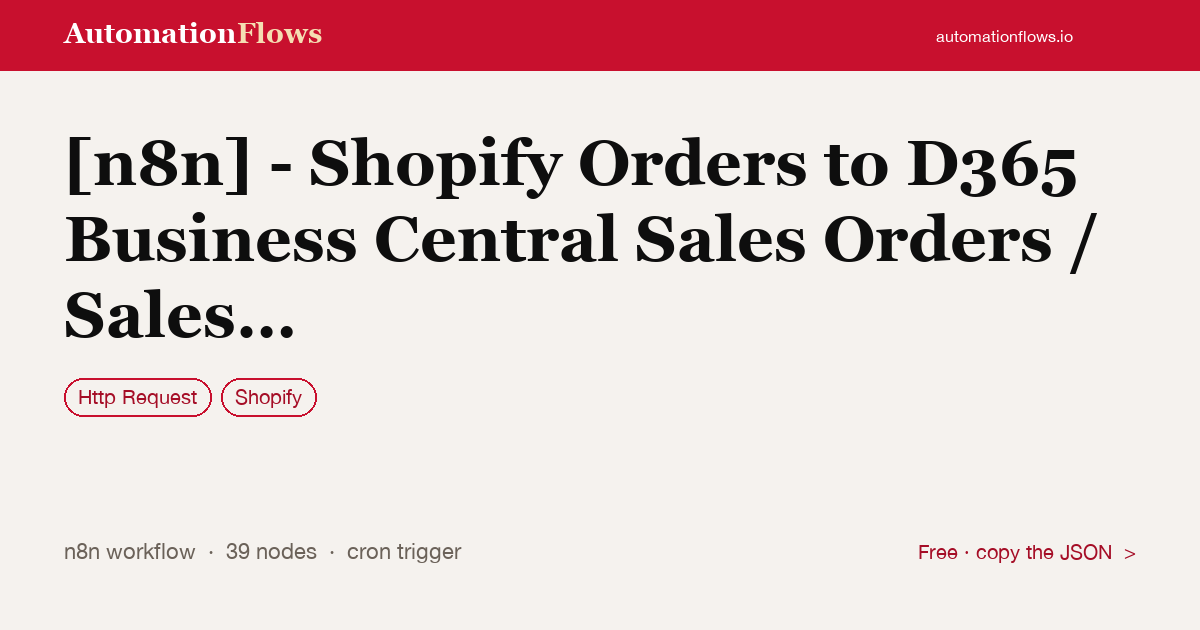Shopify Orders to D365 Sales Orders — n8n workflow card showing HTTP Request, Shopify integration