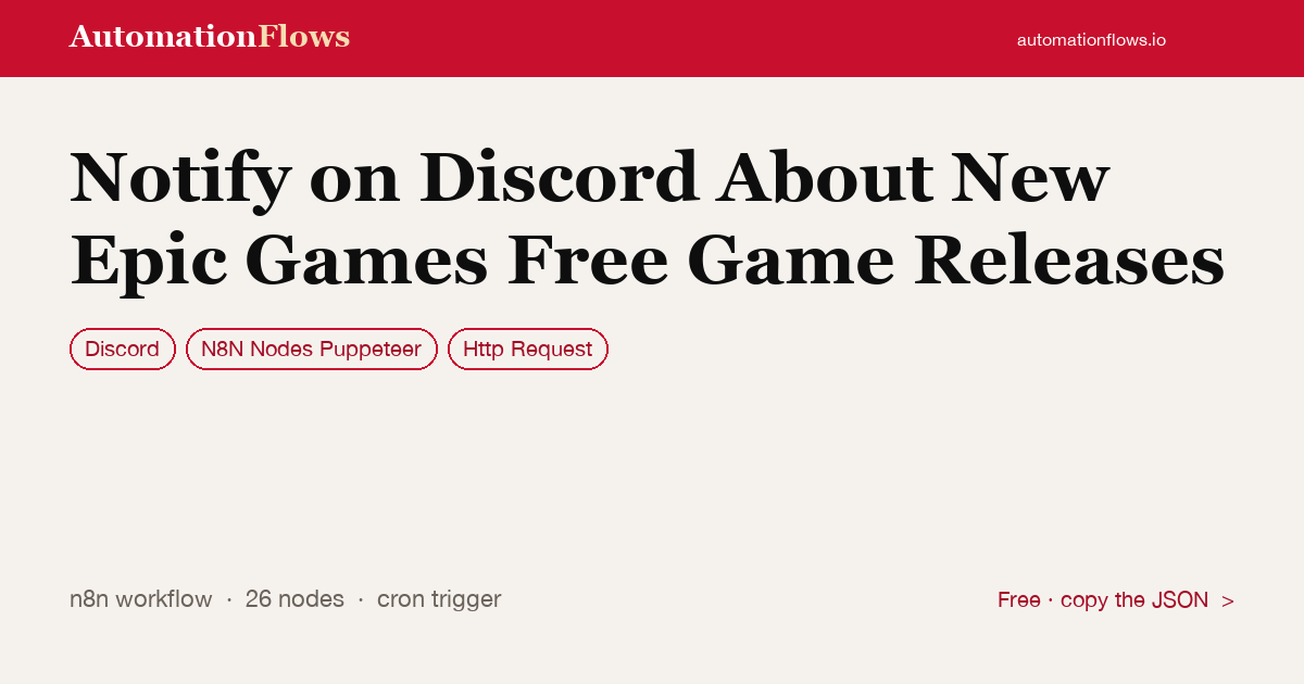 Notify on Discord About New Epic Games Free Game Releases — n8n workflow card showing Discord, N8N Nodes Puppeteer, HTTP Request integration