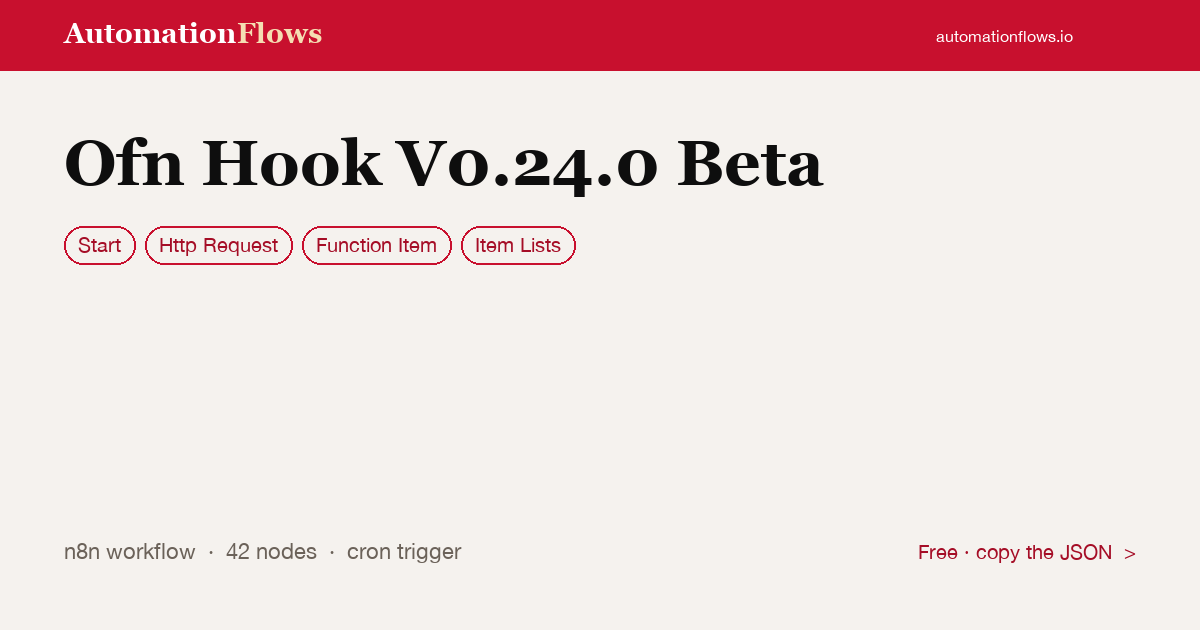 Ofn Hook V0.24.0 Beta — n8n workflow card showing Start, HTTP Request, Function Item integration
