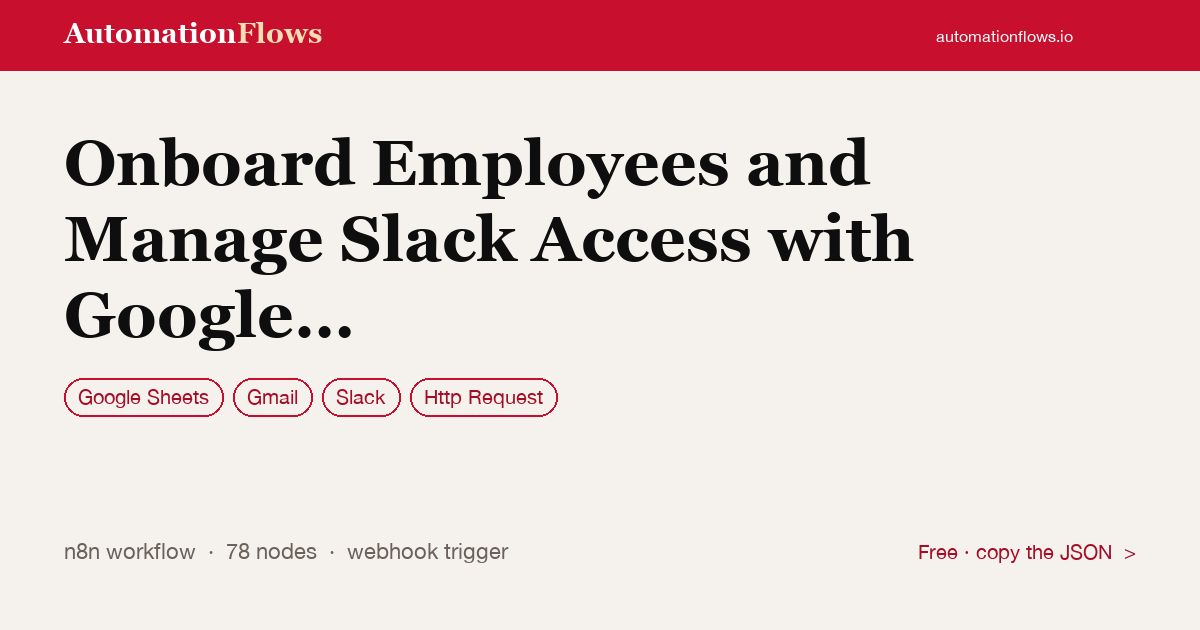 Onboard Employees and Manage Slack Access with Google Sheets and Gmail — n8n workflow card showing Google Sheets, Gmail, Slack integration