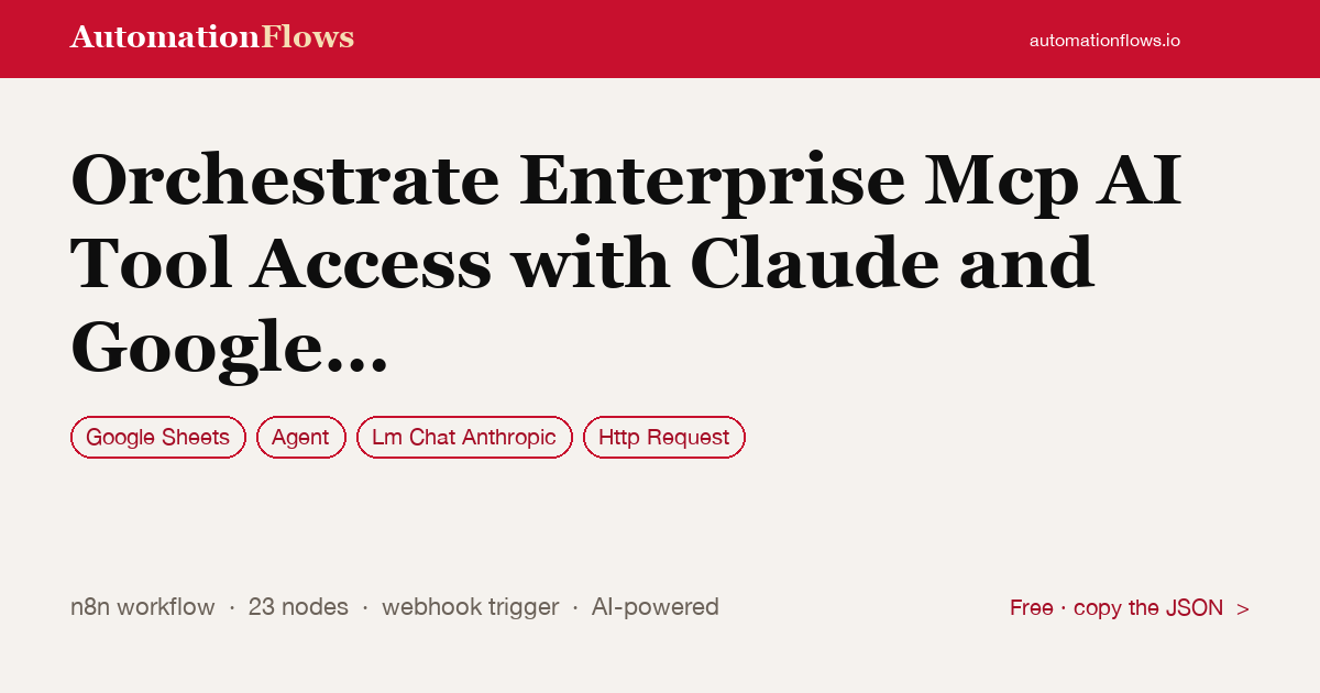 Orchestrate Enterprise Mcp AI Tool Access with Claude and Google Sheets — n8n workflow card showing Google Sheets, Agent, Anthropic Chat integration
