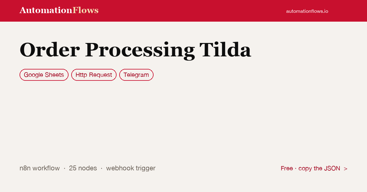 Tilda Order Processing to Google Sheets & Telegram — n8n workflow card showing Google Sheets, HTTP Request, Telegram integration