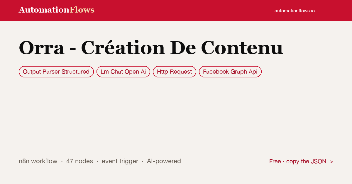 Orra - Création De Contenu — n8n workflow card showing Output Parser Structured, OpenAI Chat, HTTP Request integration