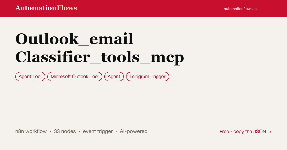 Outlook_email Classifier_tools_mcp — n8n workflow card showing Agent Tool, Microsoft Outlook Tool, Agent integration