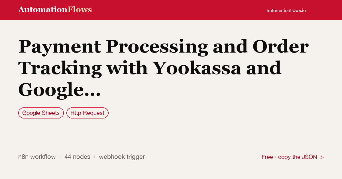Payment Processing and Order Tracking with Yookassa and Google Sheets — n8n workflow card showing Google Sheets, HTTP Request integration