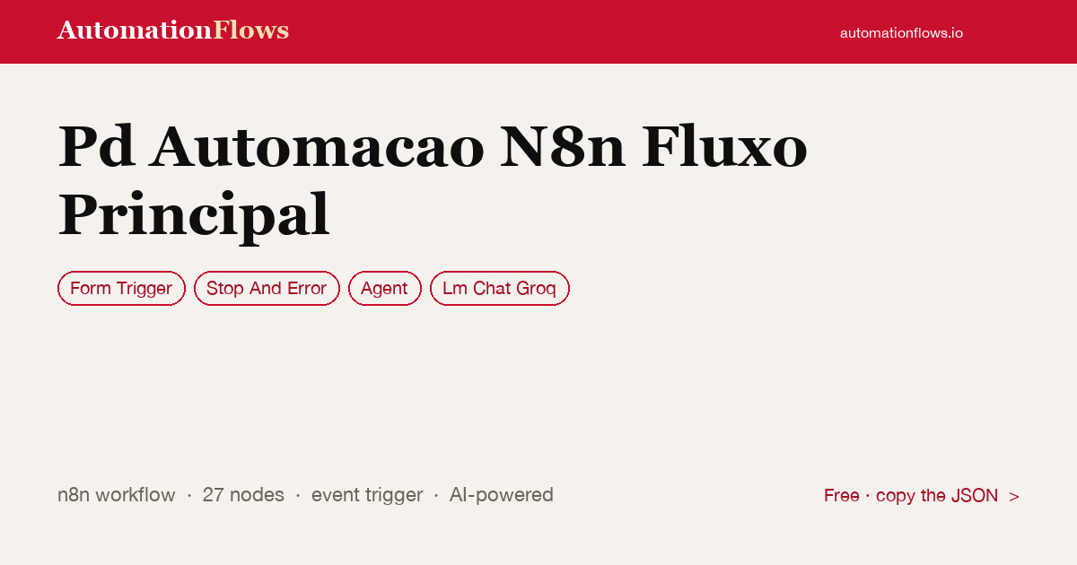 Pd Automacao N8n Fluxo Principal — n8n workflow card showing Form Trigger, Stop And Error, Agent integration
