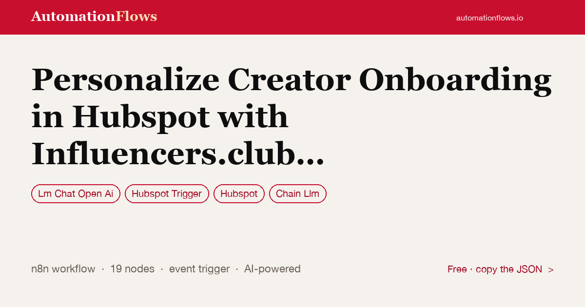Personalize Creator Onboarding in Hubspot with Influencers.club and Gpt-4 — n8n workflow card showing OpenAI Chat, HubSpot Trigger, HubSpot integration