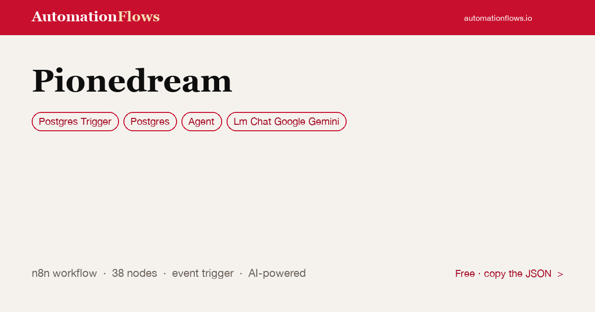 Pionedream — n8n workflow card showing Postgres Trigger, Postgres, Agent integration