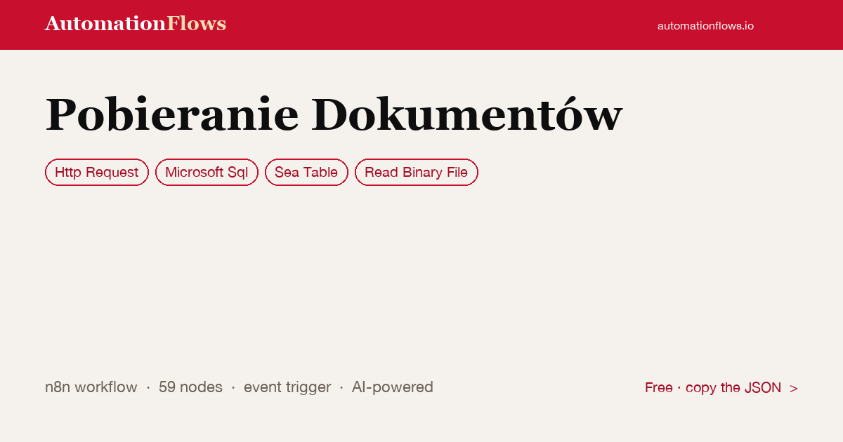 Pobieranie Dokumentów — n8n workflow card showing HTTP Request, Microsoft Sql, Sea Table integration