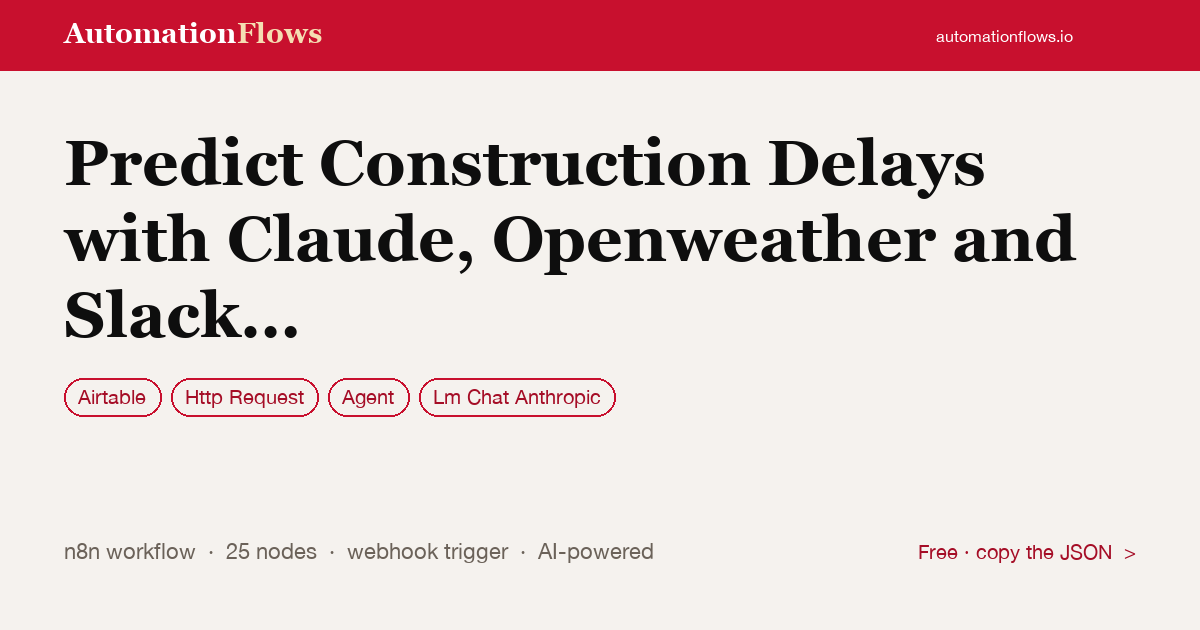 Predict Construction Delays with Claude, Openweather and Slack Alerts — n8n workflow card showing Airtable, HTTP Request, Agent integration
