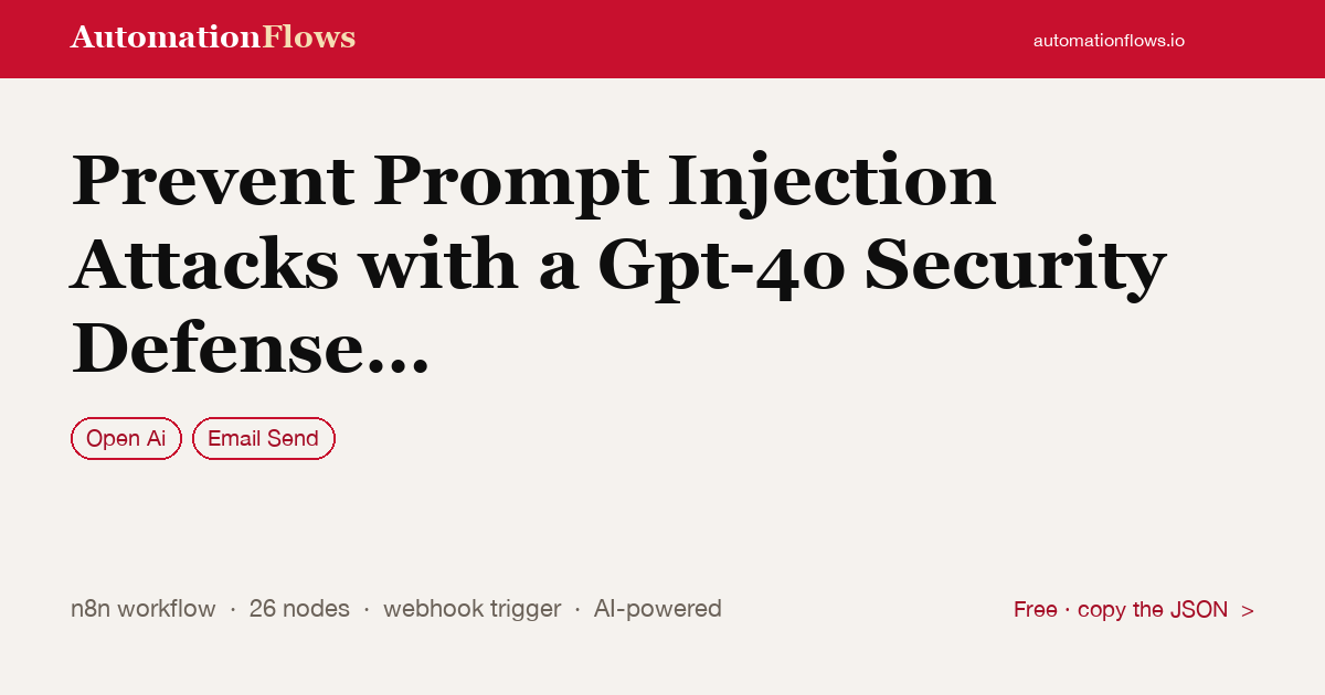 Prevent Prompt Injection Attacks with a Gpt-4o Security Defense System — n8n workflow card showing OpenAI, Email Send integration