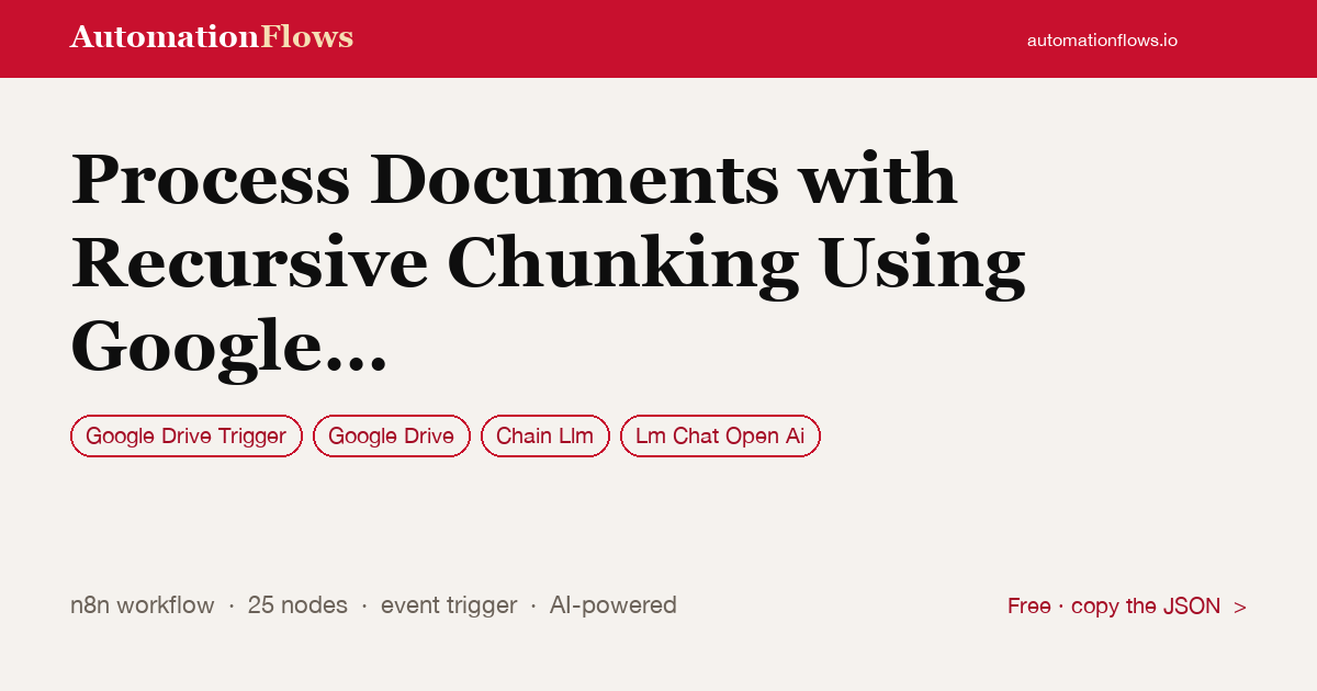 Process Documents with Recursive Chunking Using Google Drive, Openai &… — n8n workflow card showing Google Drive Trigger, Google Drive, Chain Llm integration