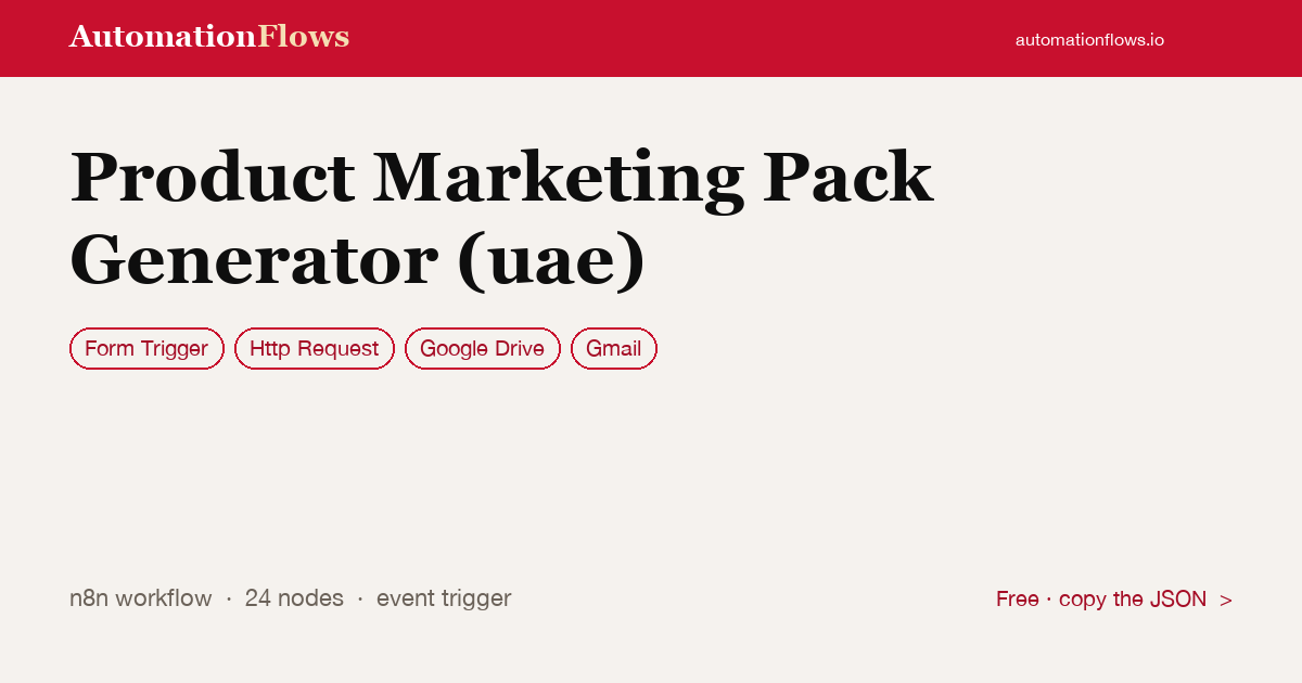Product Marketing Pack Generator (uae) — n8n workflow card showing Form Trigger, HTTP Request, Google Drive integration
