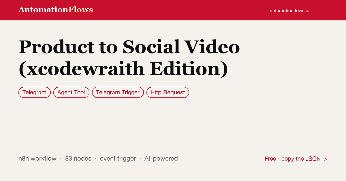 Product to Social Video (xcodewraith Edition) — n8n workflow card showing Telegram, Agent Tool, Telegram Trigger integration