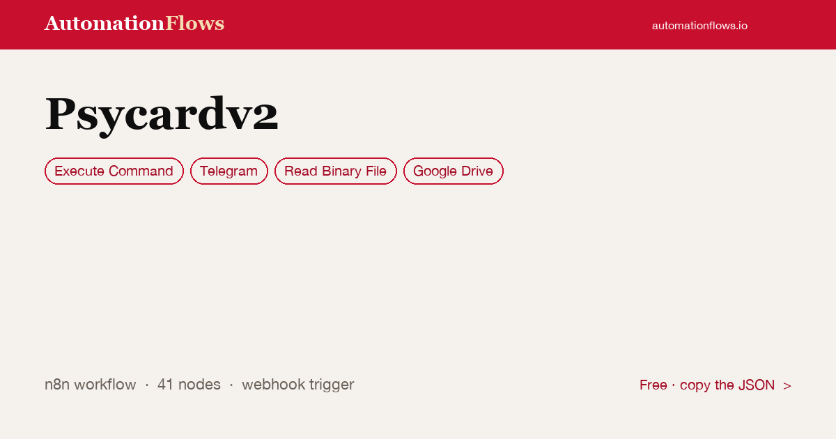 Psycardv2 — n8n workflow card showing Execute Command, Telegram, Read Binary File integration