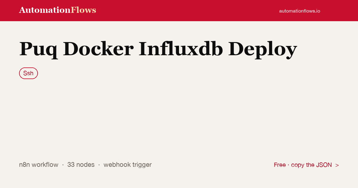 Deploy Puq Docker to InfluxDB via SSH — n8n workflow card showing Ssh integration