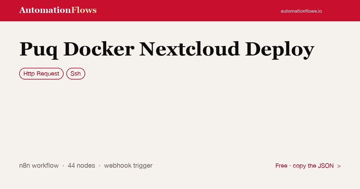 Automated Nextcloud Docker Deploy via Webhook — n8n workflow card showing HTTP Request, Ssh integration